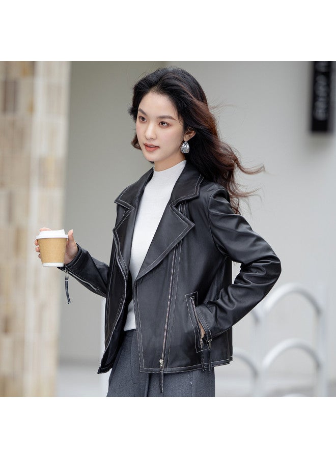 Fapai Counter Same Style Women's Genuine Leather Jacket Short Lapel Leather Jacket Fashion Motorcycle Leather Jacket - Image 3