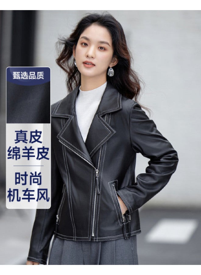 Fapai Counter Same Style Women's Genuine Leather Jacket Short Lapel Leather Jacket Fashion Motorcycle Leather Jacket - Image 1
