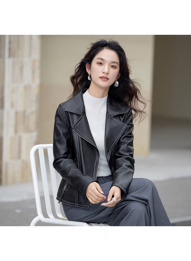 Fapai Counter Same Style Women's Genuine Leather Jacket Short Lapel Leather Jacket Fashion Motorcycle Leather Jacket - Image 5