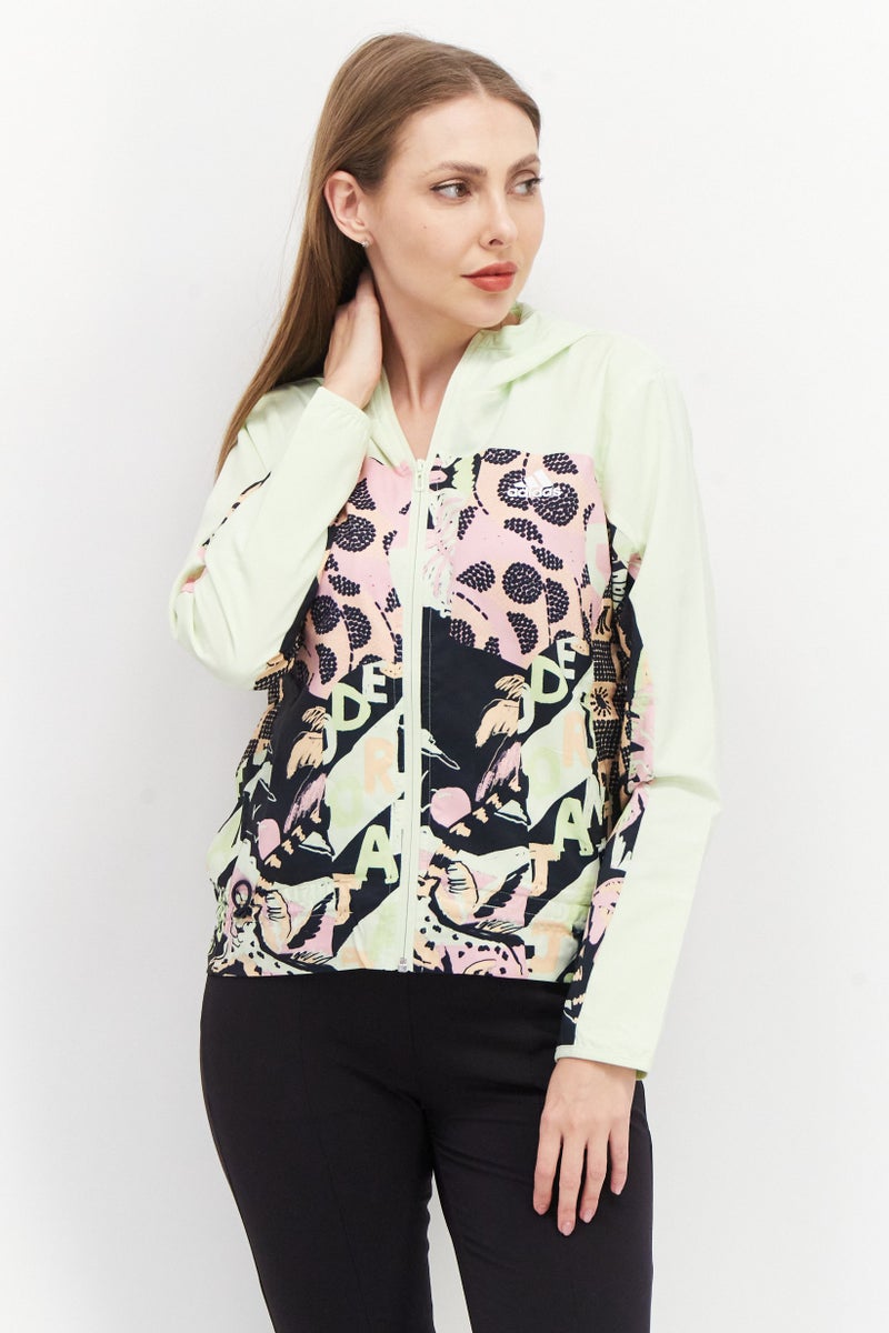 Adidas جاكيت تدريب طويل الأكمام بغطاء رأس للنساء، لون ليموني أخضر - Image 1