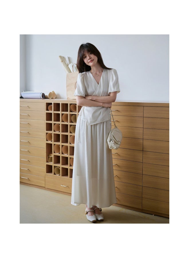 Mt [row Series Commuter] Summer Glossy Cross Strap Set V-neck Top And Skirt Women's Two-piece Set - Image 3