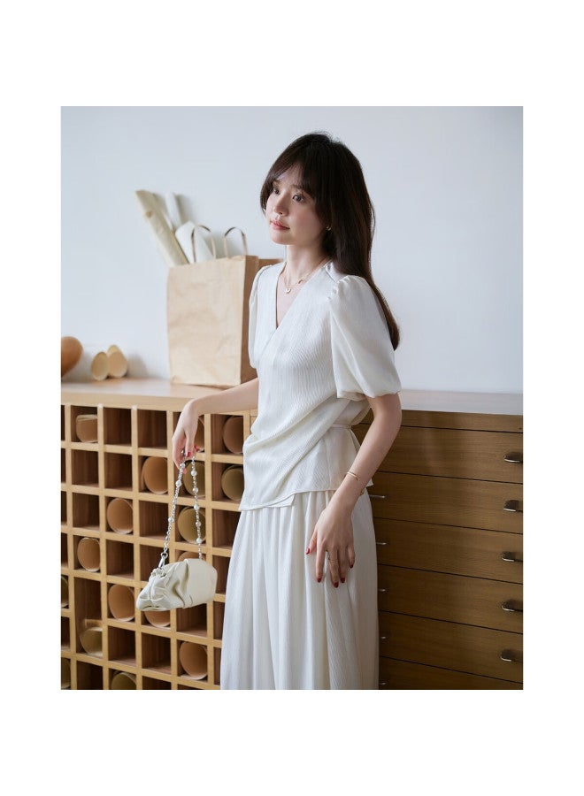 Mt [row Series Commuter] Summer Glossy Cross Strap Set V-neck Top And Skirt Women's Two-piece Set - Image 2