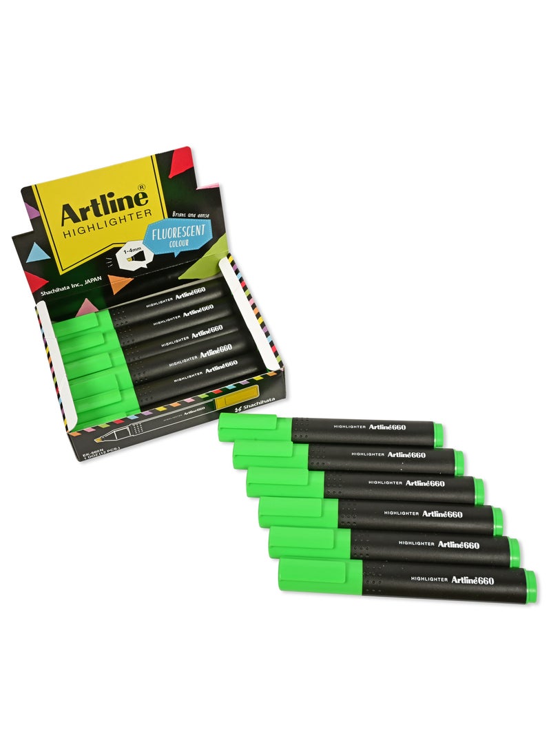 Artline 12 Pieces  660 Highlighter, Text Marker, 1-4mm, Fluorescent Colour:Green - ARFL660GR - Image 1