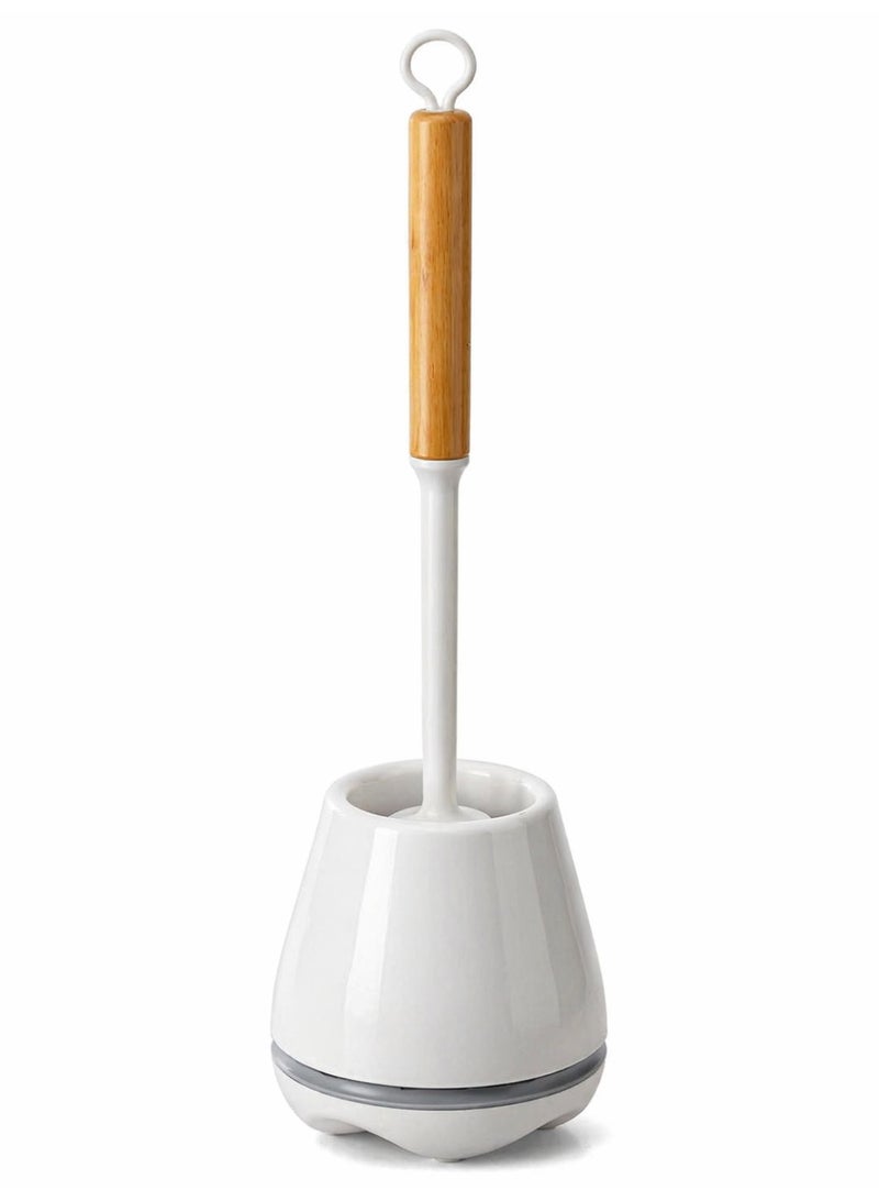 Primanova Silicone Toilet Brush With Holder Set, Quick Dry Ventilated Base, Bamboo Style Handle, White Bathroom Cleaning Brush, 40 cm Height (White) - Image 1