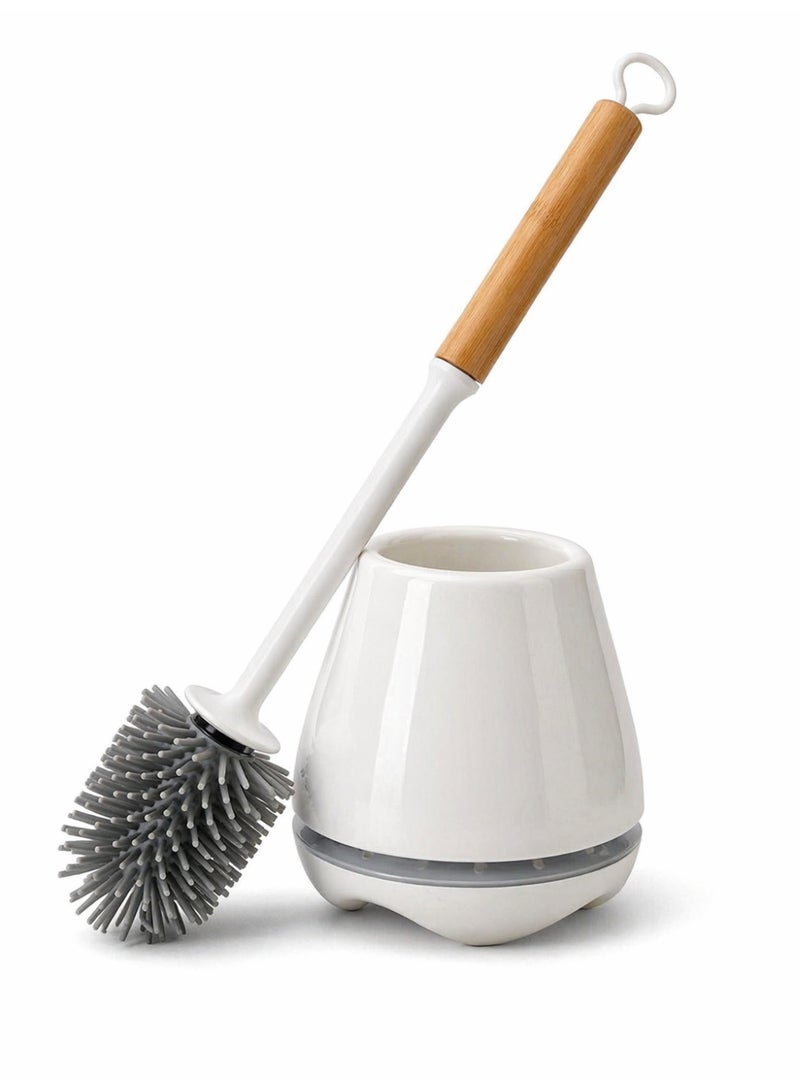 Primanova Silicone Toilet Brush With Holder Set, Quick Dry Ventilated Base, Bamboo Style Handle, White Bathroom Cleaning Brush, 40 cm Height (White) - Image 2