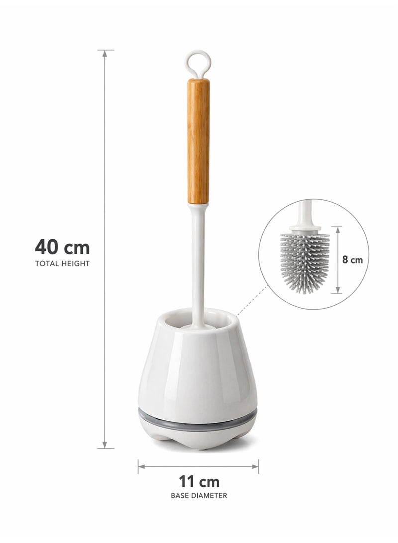 Primanova Silicone Toilet Brush With Holder Set, Quick Dry Ventilated Base, Bamboo Style Handle, White Bathroom Cleaning Brush, 40 cm Height (White) - Image 5