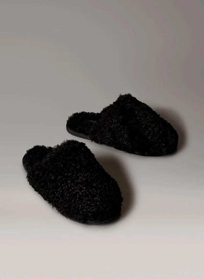 Calvin Klein Jeans Black Faux Shearling Sherpa Slippers for Women | Best Price UAE