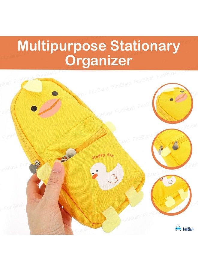 فنبلاست حقيبة أقلام فن بلاست، حافظة أقلام أنيقة، حقيبة أقلام قماشية كبيرة قابلة للتعليق، حقيبة كرتونية لطيفة للأطفال، حقيبة أقلام كاواي، حقيبة جمالية لطلاب المدارس والجامعات (أصفر-بط) - Image 2
