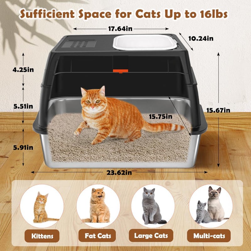 Vivifying Stainless Steel Litter Box with Lid, XL Front Entry Enclosed Extra Large Litter Box for Big Cats & Kitty, Top Exit Metal Cat Pan with Scoop, Mat, Footboard, Charcoal Filter (Black) - Image 2