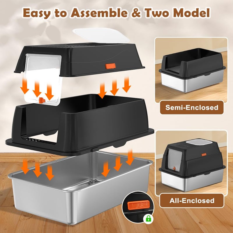 Vivifying Stainless Steel Litter Box with Lid, XL Front Entry Enclosed Extra Large Litter Box for Big Cats & Kitty, Top Exit Metal Cat Pan with Scoop, Mat, Footboard, Charcoal Filter (Black) - Image 4