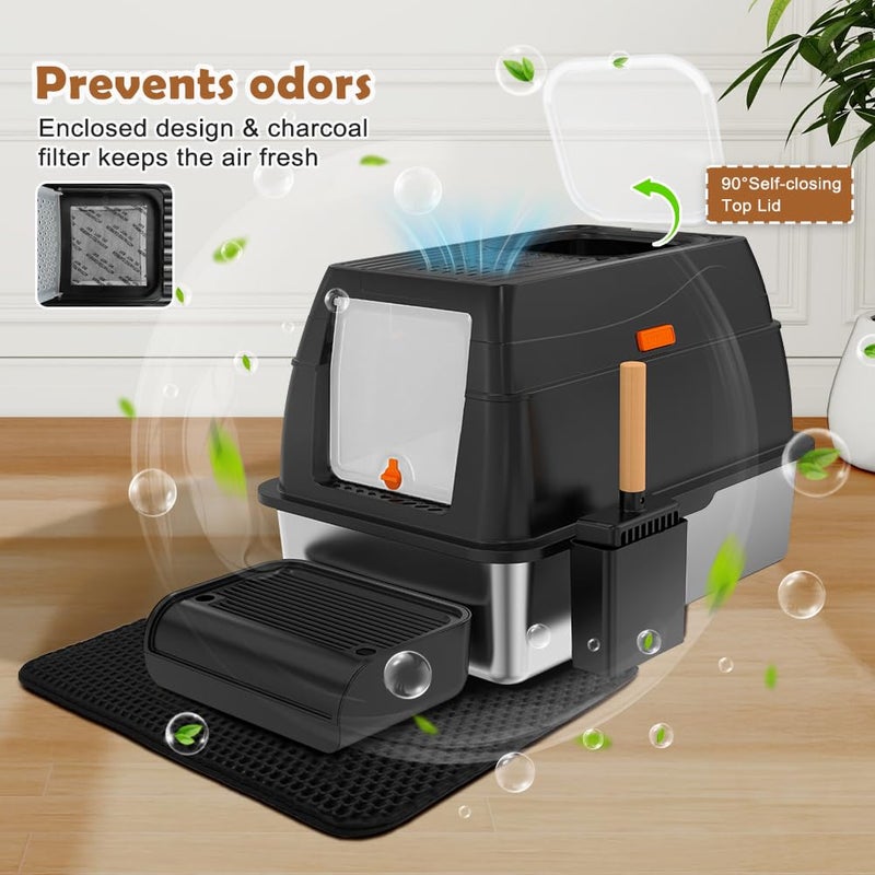 Vivifying Stainless Steel Litter Box with Lid, XL Front Entry Enclosed Extra Large Litter Box for Big Cats & Kitty, Top Exit Metal Cat Pan with Scoop, Mat, Footboard, Charcoal Filter (Black) - Image 5