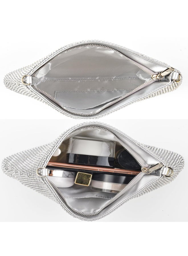 Women's Rhinestone Bling Evening Clutch Bag, Silver Shoulder Purse with Chain Strap for Wedding Party Prom - Image 3