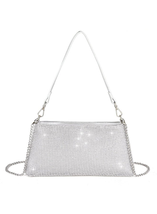 Women's Rhinestone Bling Evening Clutch Bag, Silver Shoulder Purse with Chain Strap for Wedding Party Prom - Image 1