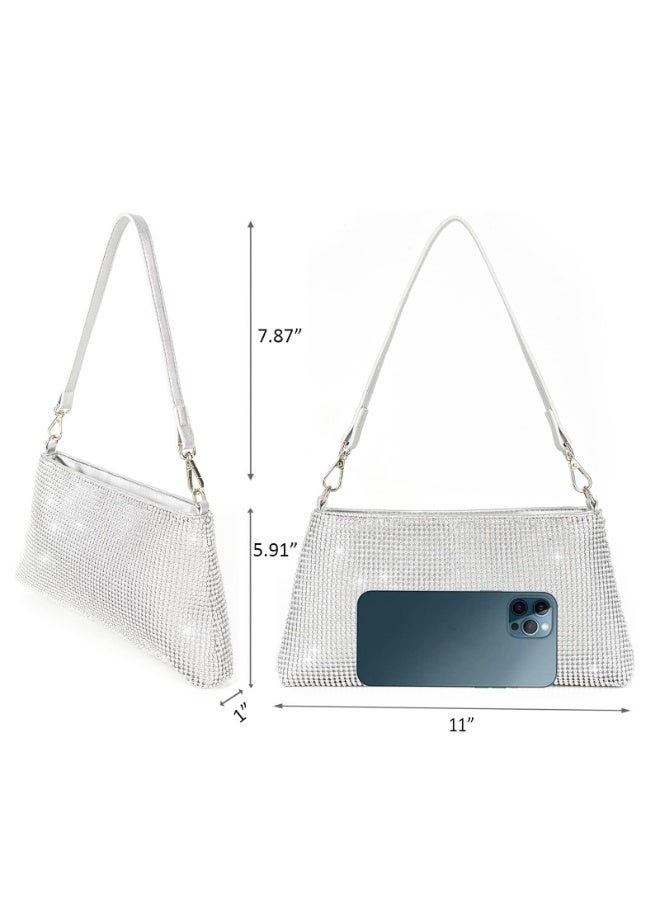 Women's Rhinestone Bling Evening Clutch Bag, Silver Shoulder Purse with Chain Strap for Wedding Party Prom - Image 2