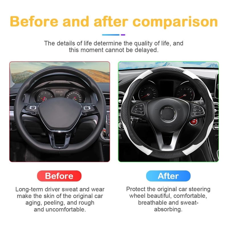 Osilly Car Steering Wheel Cover, 15 inch Carbon Fiber Microfiber PU Leather Elastic Steering Wheel Protector for Men Women, Anti-Slip Breathable Car Interior Accessories for Most Cars (Black/White) - Image 3