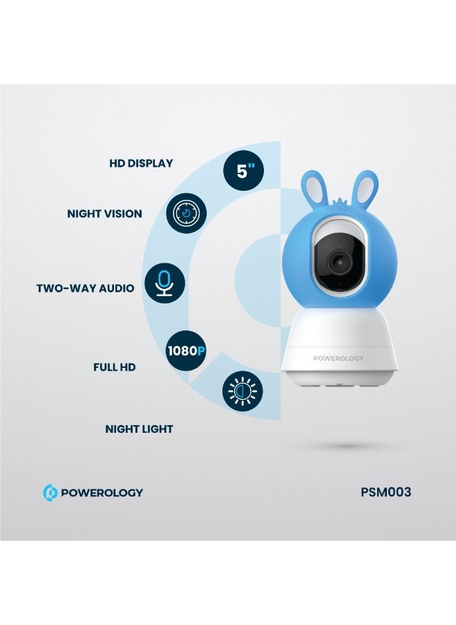 Powerology Baby Camera with Monitor and APP / Baby Wireless Video Monitor / Tow-Way Audio / Night Vision / Built-In Lullabies / Cry Detection - White + Blue and Pink Head  - Image 4