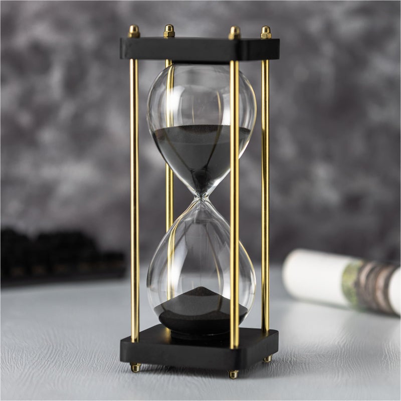 ELAINESTORE Hourglass Timer 60 Minute with Golden Pillars, Black Wooden Base Decorative Sand Timer (Black Sand, Large Size) - Image 1