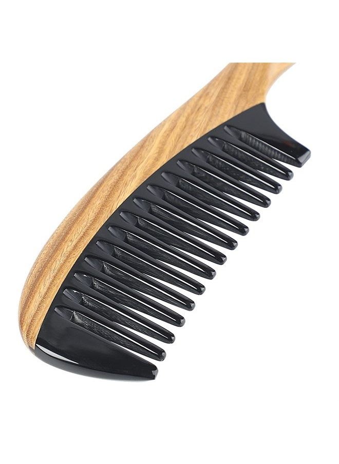 OneDor 100% Handmade Natural Green Sandalwood With Buffalo Horn Hair Combs - Anti-Static Sandalwood Scent Natural Hair Detangler Wooden Combs (Buffalo Horn Wide Tooth)  - Image 1