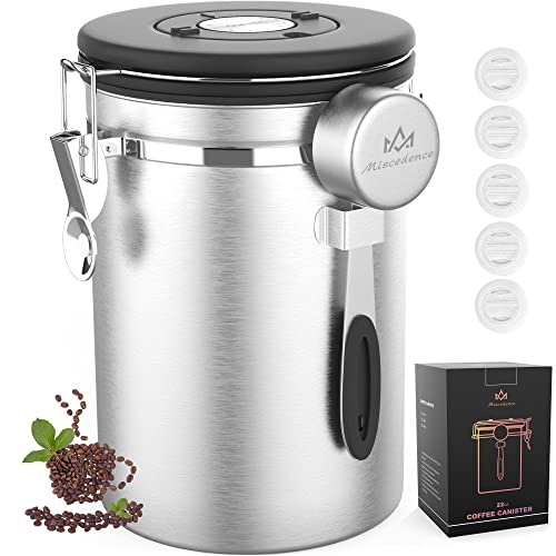Miscedence Coffee canister for ground coffee with Scoop Date Tracker One Way Co2 Valve 304 Stainless Steel Kitchen Food Airtight storage container for Coffee Beans,Grounds,Tea,Sugar (Silver, 22oz) - Image 1