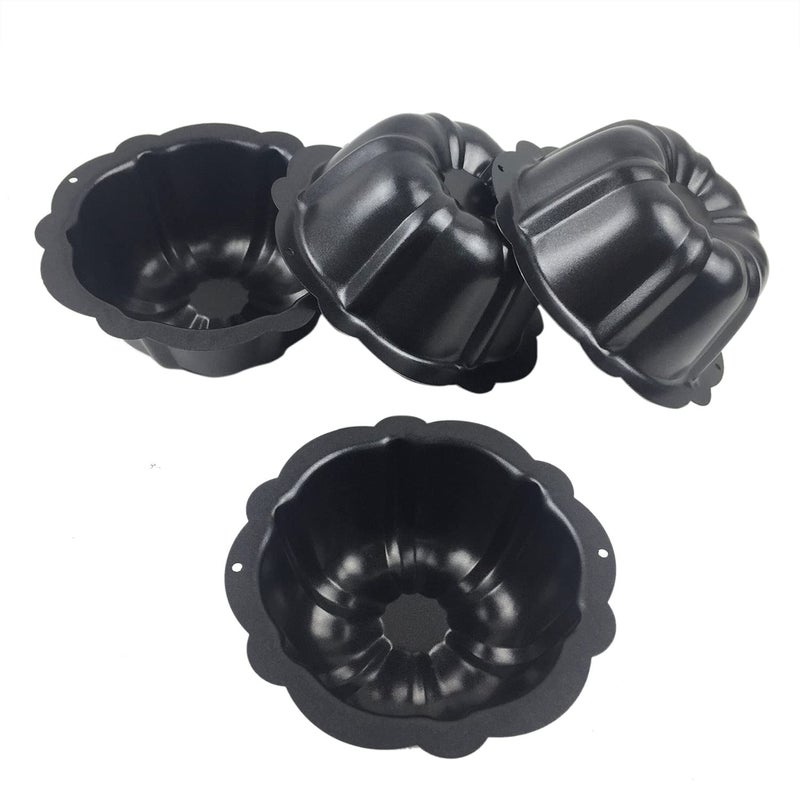 LoveDeal 4 Inch Nonstick Mini Bundt Cake Pan Set of 4 for Baking Carbon Steel Fluted Cake Pans Metal Round Pumpkin Shaped Cake Mould for Cupcake Muffin Brownie Pudding  Black
