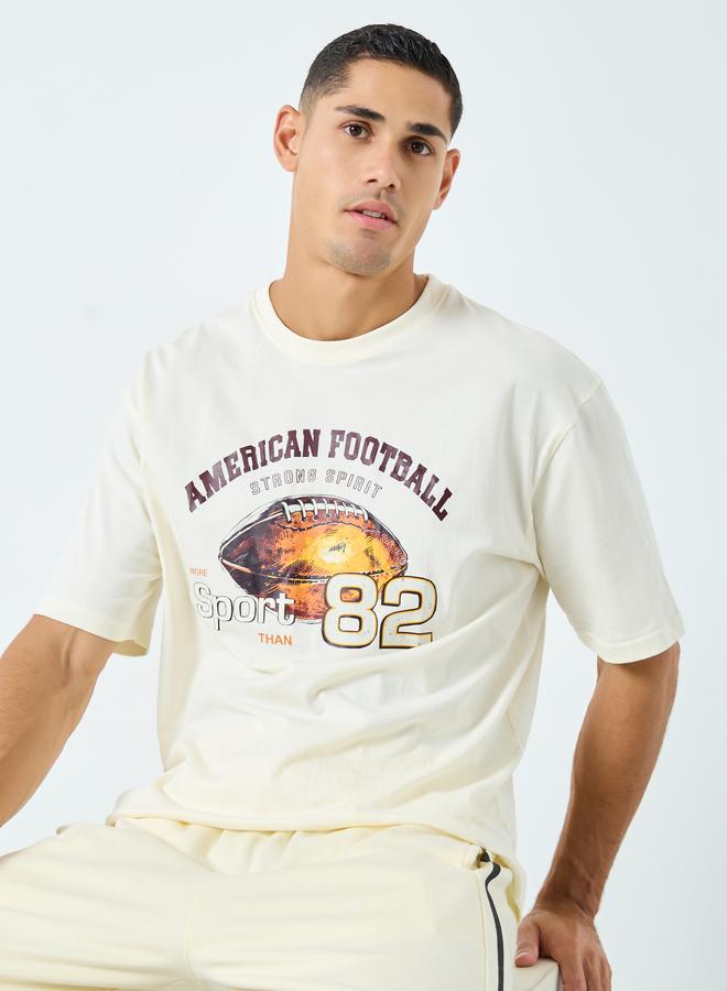 Styli Men Beige Graphic Print Oversized T-Shirt - Image 1