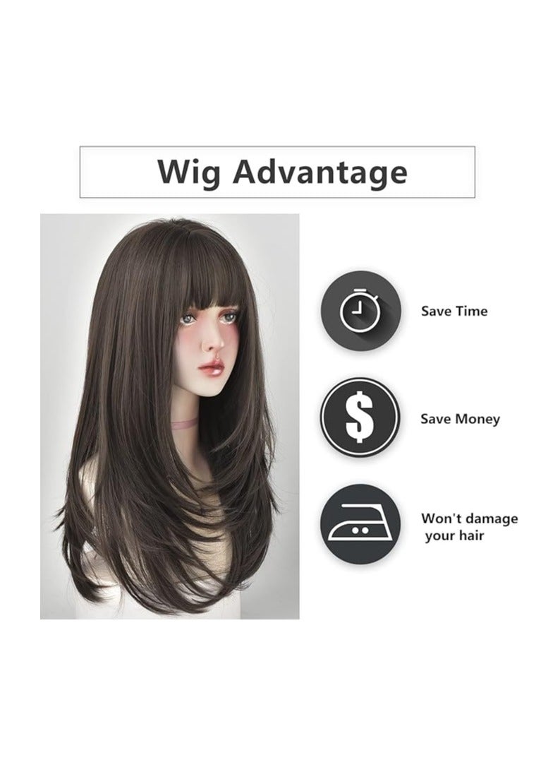 7 جي اتش اتش ويغز باروكة 7 جيه اتش اتش مصبوغة للنساء، شعر طبيعي طويل مفرود مع شعر قصير (22 بوصة، بني فاتح) - Image 4