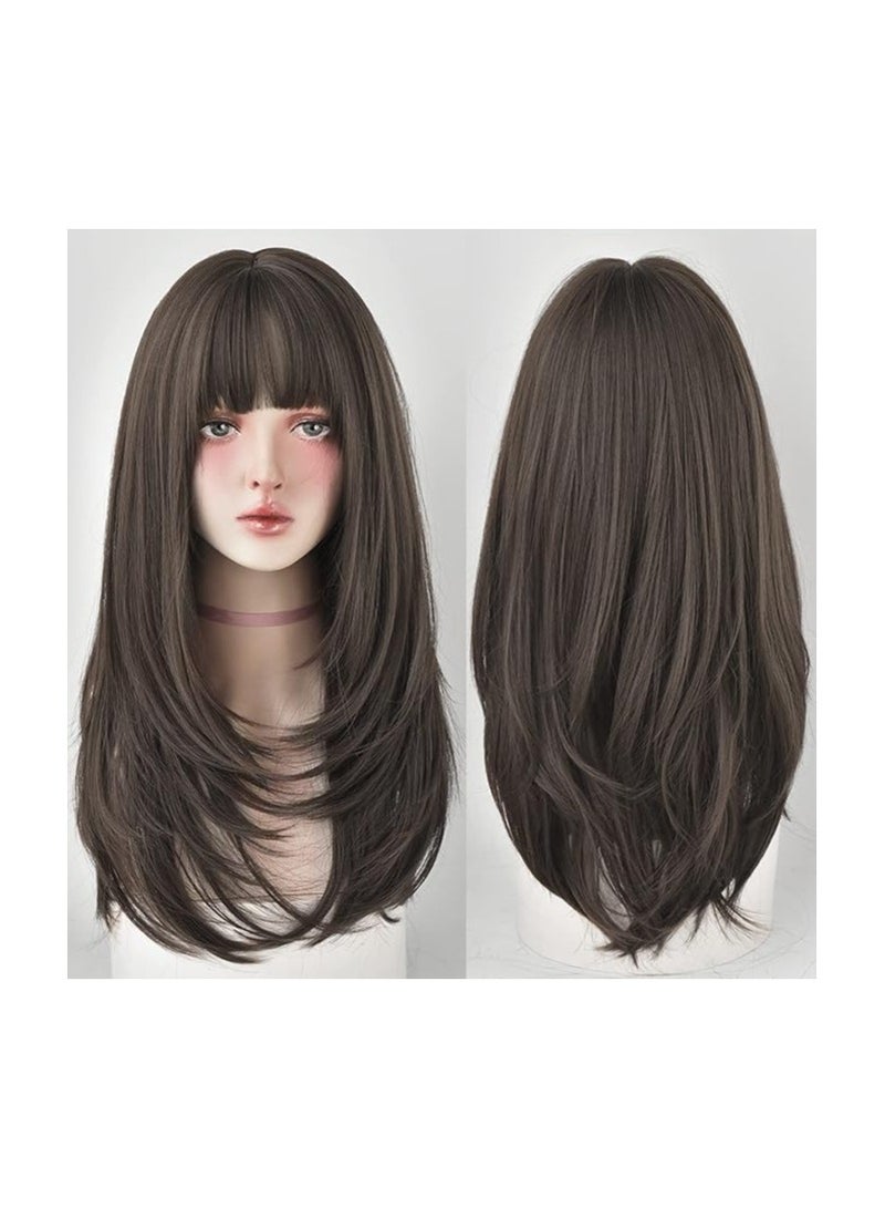 7 جي اتش اتش ويغز باروكة 7 جيه اتش اتش مصبوغة للنساء، شعر طبيعي طويل مفرود مع شعر قصير (22 بوصة، بني فاتح) - Image 1