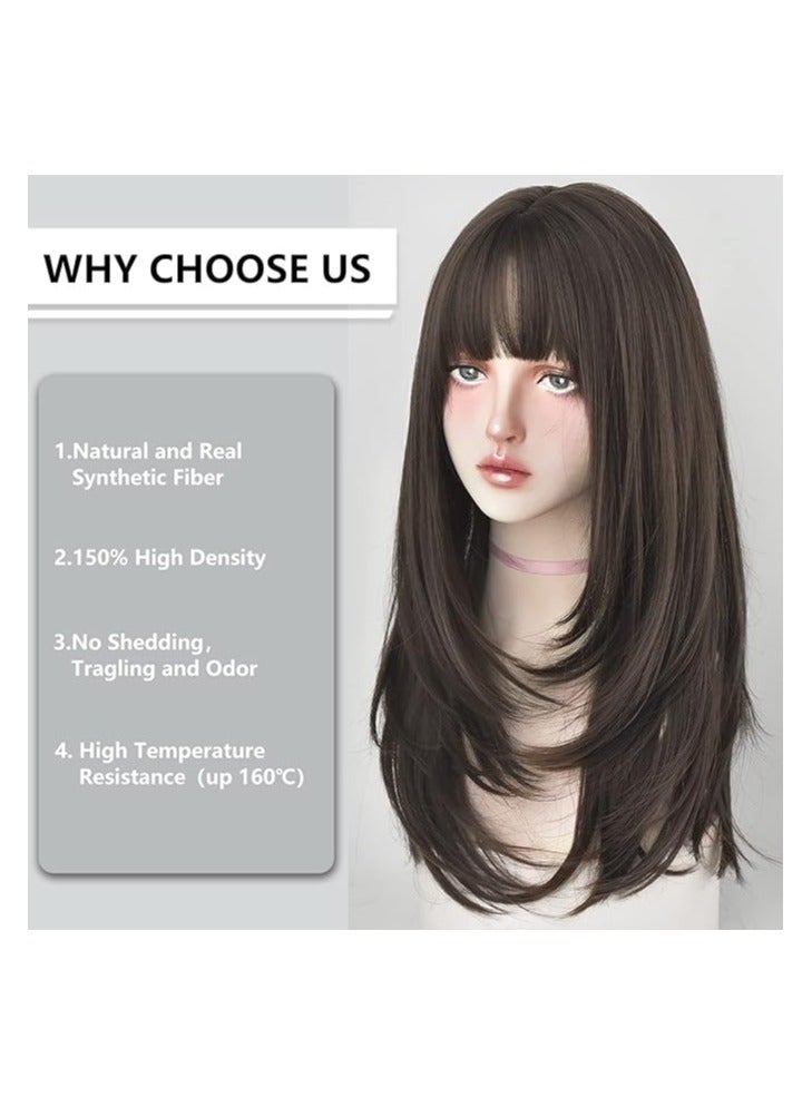 7 جي اتش اتش ويغز باروكة 7 جيه اتش اتش مصبوغة للنساء، شعر طبيعي طويل مفرود مع شعر قصير (22 بوصة، بني فاتح) - Image 2