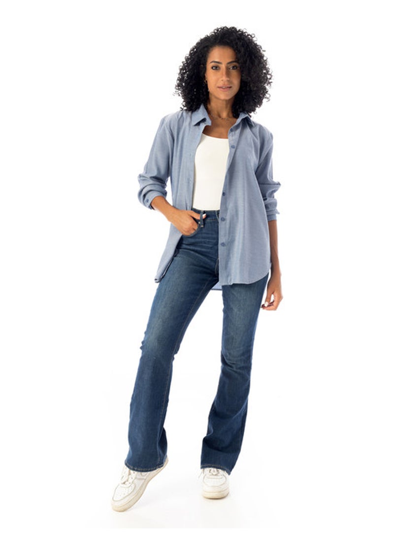 Andora Turn Down Collar Slip On Plain Cotton Shirt - Light Blue - Image 4