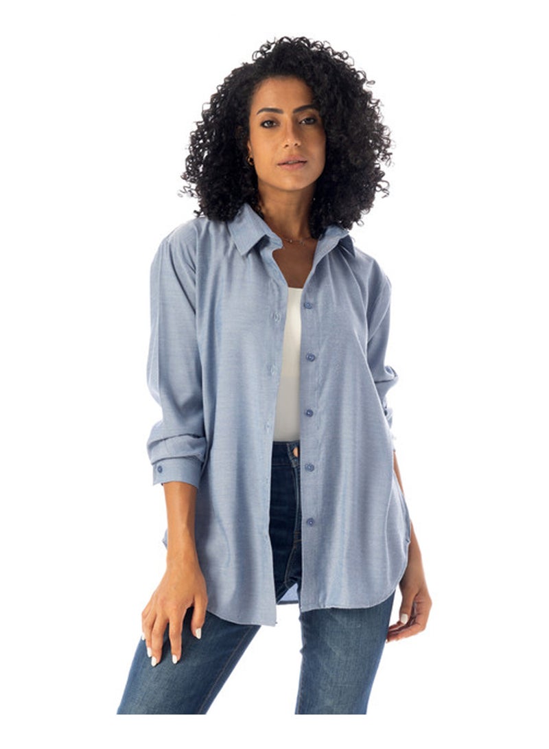 Andora Turn Down Collar Slip On Plain Cotton Shirt - Light Blue - Image 1
