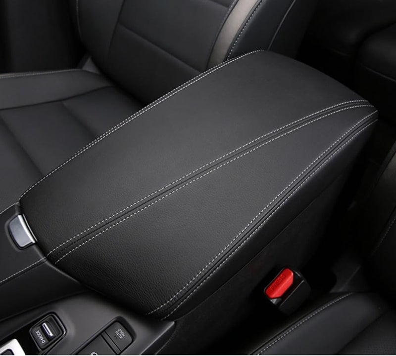 Bmolpt إكسسوارات داخلية مخصصة لسيارات إنفينيتي QX50 للأعوام 2019–2023: غطاء لصندوق المسند الأوسط المصنوع من الجلد، ووسادة للمسند، ووسادة واقية للمسند الأوسط (بلون أسود مع خياطة بيضاء). - Image 1