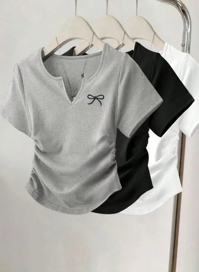 تايك تو Pack of 3 - Notch Neck Short Sleeve T-Shirt with Ruched Sides