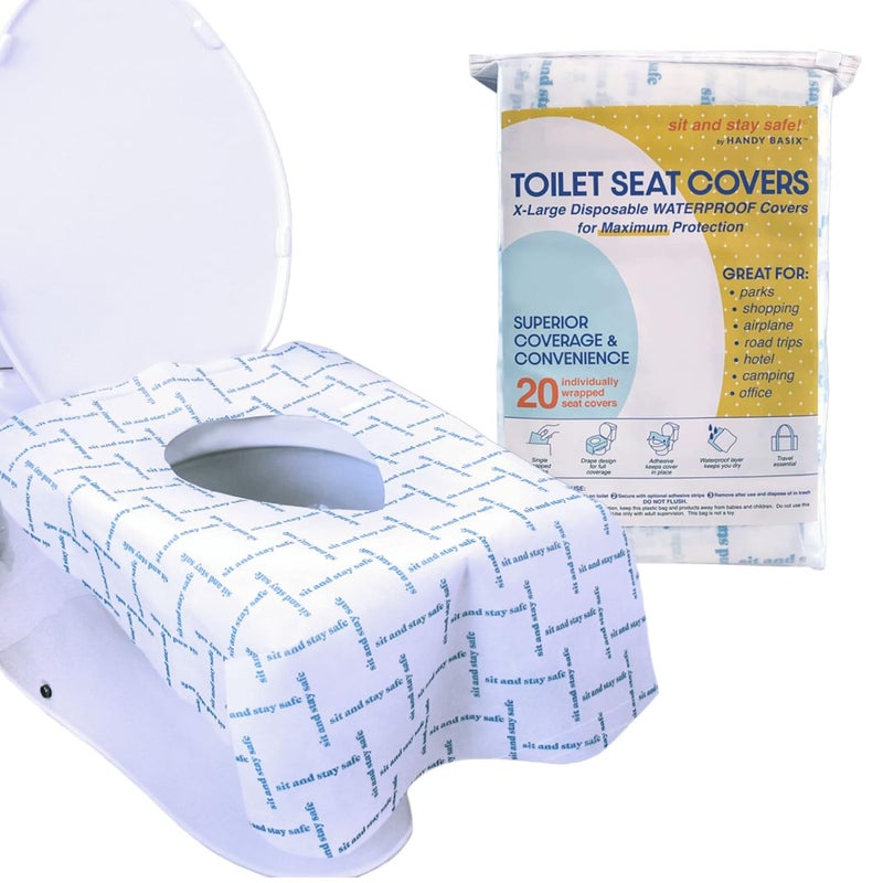 Handy Basix XL Full Coverage Disposable Toilet Seat Covers for Kids, Adults & Potty Training, Waterproof, 20 Pcs - Single Wrapped (Sit & Stay Safe) - Image 1