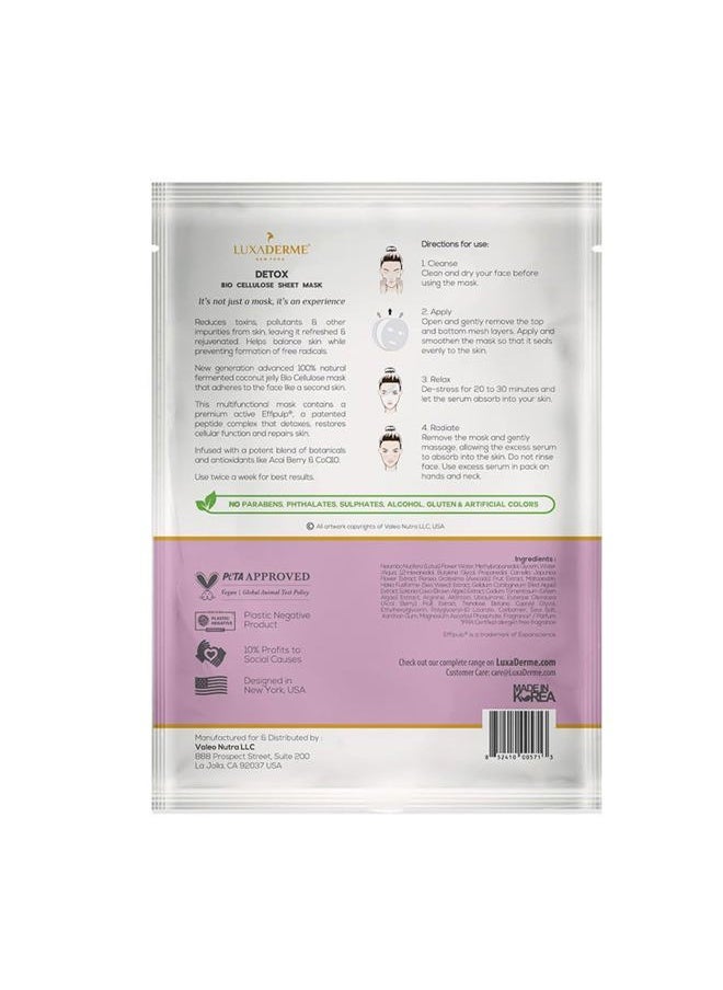 LuxaDerme - Detox Bio Cellulose Face Mask, Moisturizing and Brightening Skincare Face Mask, Korean Sheet Masks for Glass Skin with Acai Berry, CoQ10, Fermented Coconut Jelly, All Skin Types, Pack of 1 - Image 1