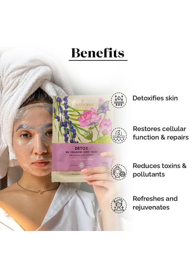 LuxaDerme - Detox Bio Cellulose Face Mask, Moisturizing and Brightening Skincare Face Mask, Korean Sheet Masks for Glass Skin with Acai Berry, CoQ10, Fermented Coconut Jelly, All Skin Types, Pack of 1 - Image 1
