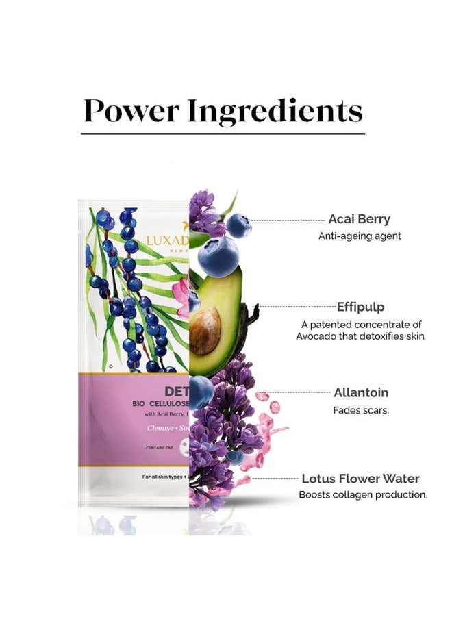 LuxaDerme - Detox Bio Cellulose Face Mask, Moisturizing and Brightening Skincare Face Mask, Korean Sheet Masks for Glass Skin with Acai Berry, CoQ10, Fermented Coconut Jelly, All Skin Types, Pack of 1 - Image 1