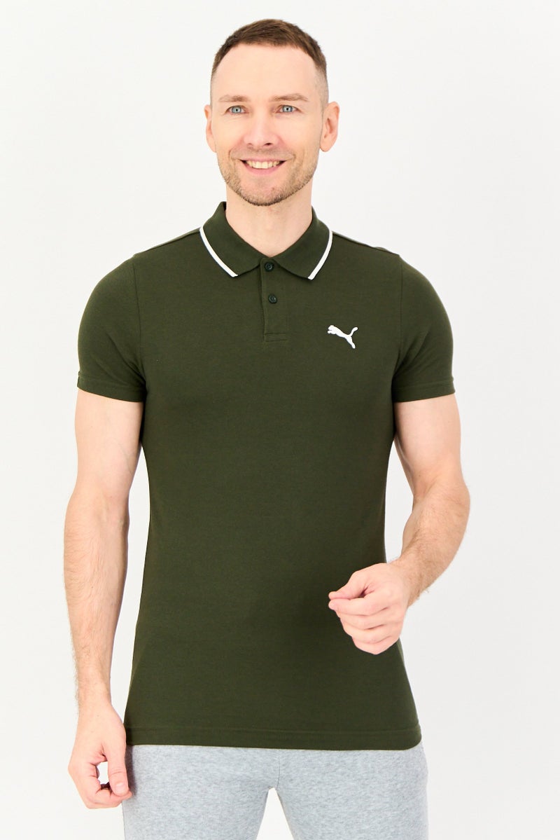 PUMA قميص بولو قصير الأكمام للرجال بتصميم نحيف، زيتوني - Image 1