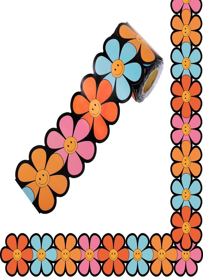 Whaline 32.8Ft Groovy Smile Daisy Flower Bulletin Board Borders Boho Retro Hippie Flower Happy Face Die-Cut Rolled Bulletin Board Trim for Back to School Classroom Office Chalkboard Decor - Image 1