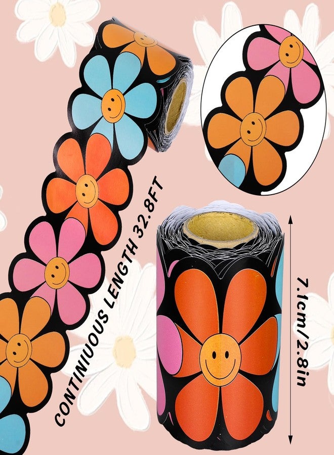 Whaline 32.8Ft Groovy Smile Daisy Flower Bulletin Board Borders Boho Retro Hippie Flower Happy Face Die-Cut Rolled Bulletin Board Trim for Back to School Classroom Office Chalkboard Decor - Image 2