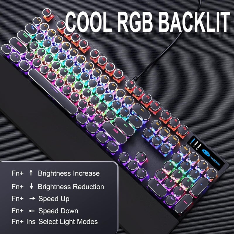 Camiysn Typewriter Style Mechanical Gaming Keyboard, Black Retro Punk Gaming Keyboard with RGB Backlit, 104 Keys Blue Switch Wired Cute Keyboards, Round Keycaps for Windows/Mac/PC - Image 3