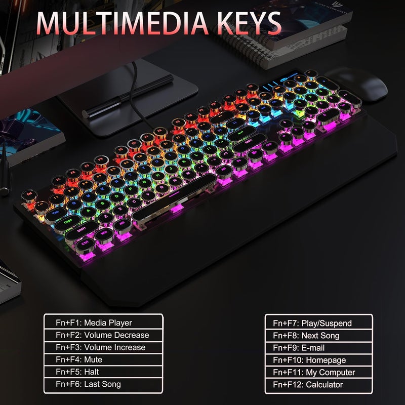 Camiysn Typewriter Style Mechanical Gaming Keyboard, Black Retro Punk Gaming Keyboard with RGB Backlit, 104 Keys Blue Switch Wired Cute Keyboards, Round Keycaps for Windows/Mac/PC - Image 5