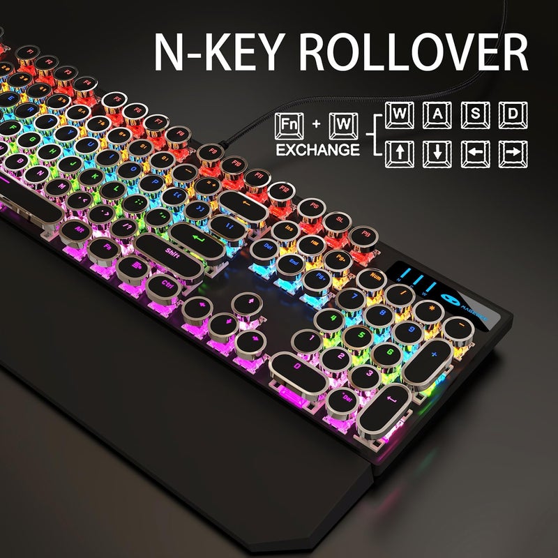 Camiysn Typewriter Style Mechanical Gaming Keyboard, Black Retro Punk Gaming Keyboard with RGB Backlit, 104 Keys Blue Switch Wired Cute Keyboards, Round Keycaps for Windows/Mac/PC - Image 2