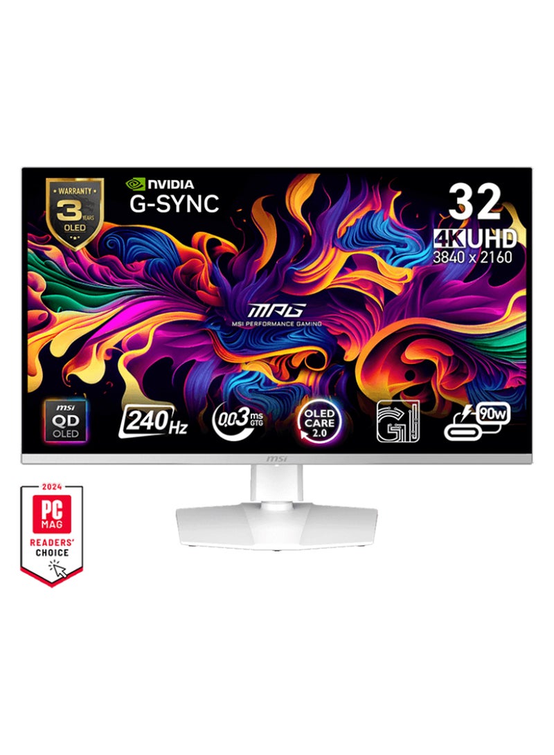 MSI MPG 321URXW QD-OLED 32" 4K UHD Gaming Monitor, 3840x2160, 240Hz, 0.03ms, HDR True Black 400, 99% DCI-P3, HDMI 2.1, DisplayPort 1.4, USB-C 90W, KVM, PiP/PbP, Mystic Light RGB, Adjustable Stand, White | 9S6-3DD29A-038 - Image 1