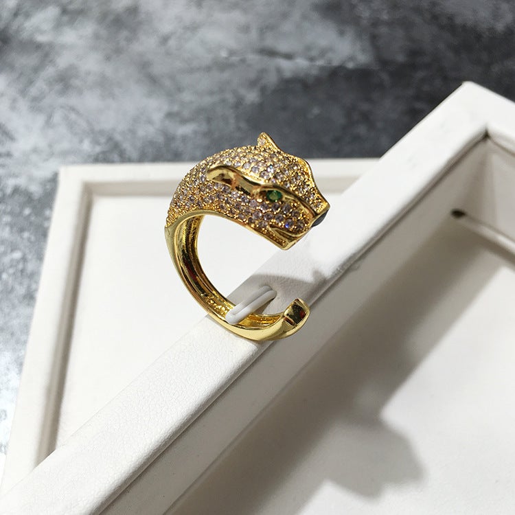 European and American Exaggerated Atmosphere Temperament Wild Leopard Head Full Diamond Green Eye Tail Open Ring Internet Celebrity Personalized Design Ring - Image 3