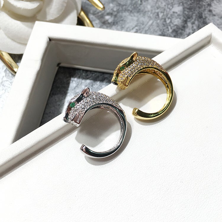 European and American Exaggerated Atmosphere Temperament Wild Leopard Head Full Diamond Green Eye Tail Open Ring Internet Celebrity Personalized Design Ring - Image 5