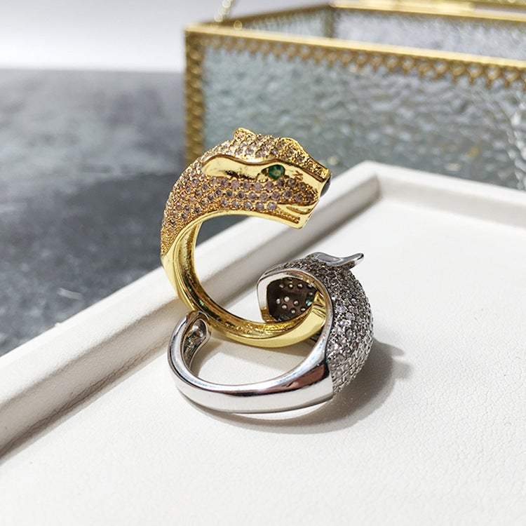 European and American Exaggerated Atmosphere Temperament Wild Leopard Head Full Diamond Green Eye Tail Open Ring Internet Celebrity Personalized Design Ring - Image 2