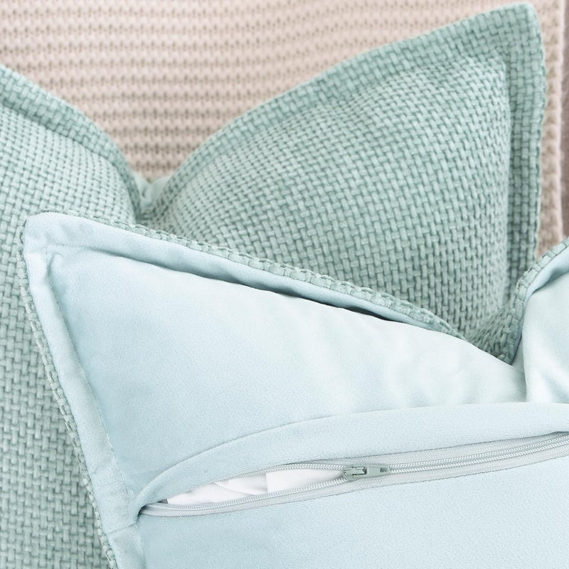 MADIZZ Decorative Chenille Velvet Throw Pillow Covers Set of 2 Soft Boho Textured Neutral Couch Throw Pillow for Bed Modern Farmhouse Home Decor for Sofa Livingroom Aqua Green 18x18 Inch - Image 4