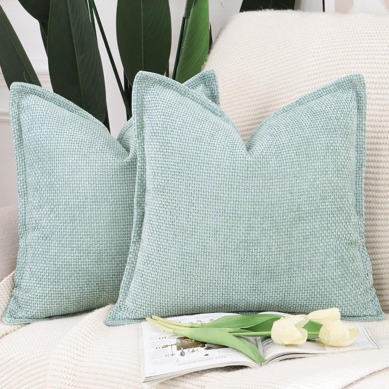 MADIZZ Decorative Chenille Velvet Throw Pillow Covers Set of 2 Soft Boho Textured Neutral Couch Throw Pillow for Bed Modern Farmhouse Home Decor for Sofa Livingroom Aqua Green 18x18 Inch - Image 1