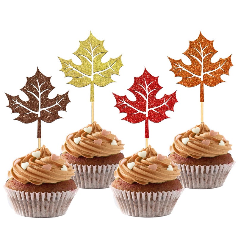 Moitkptt 24 Pcs Maple Leaf Cupcake Toppers for Fall Theme Decorations  Fall Leaf Cupcake Picks for Thanksgiving Day Decorations  Maple Leaves Cake Topper for Autumn Thanksgiving Party Decorations (Maple B) - Image 1