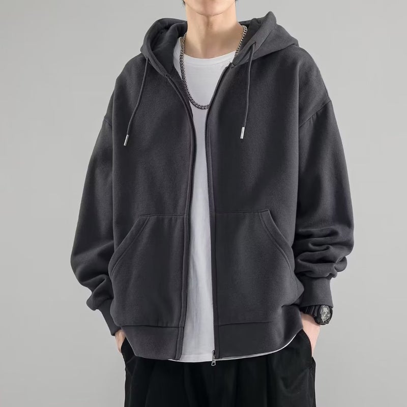 Mens Heavyweight Hoodie Spring Autumn Loose American Style Zip-Up Sports Jacket Dark gray W500